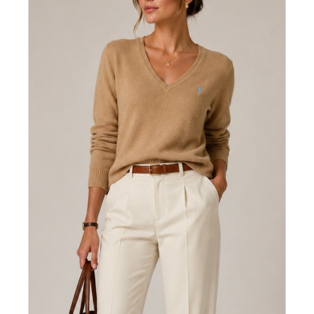 Vtg Ralph Lauren Sport Camel Tan Merino Cashmere Blend V-Neck Sweater XL Pony